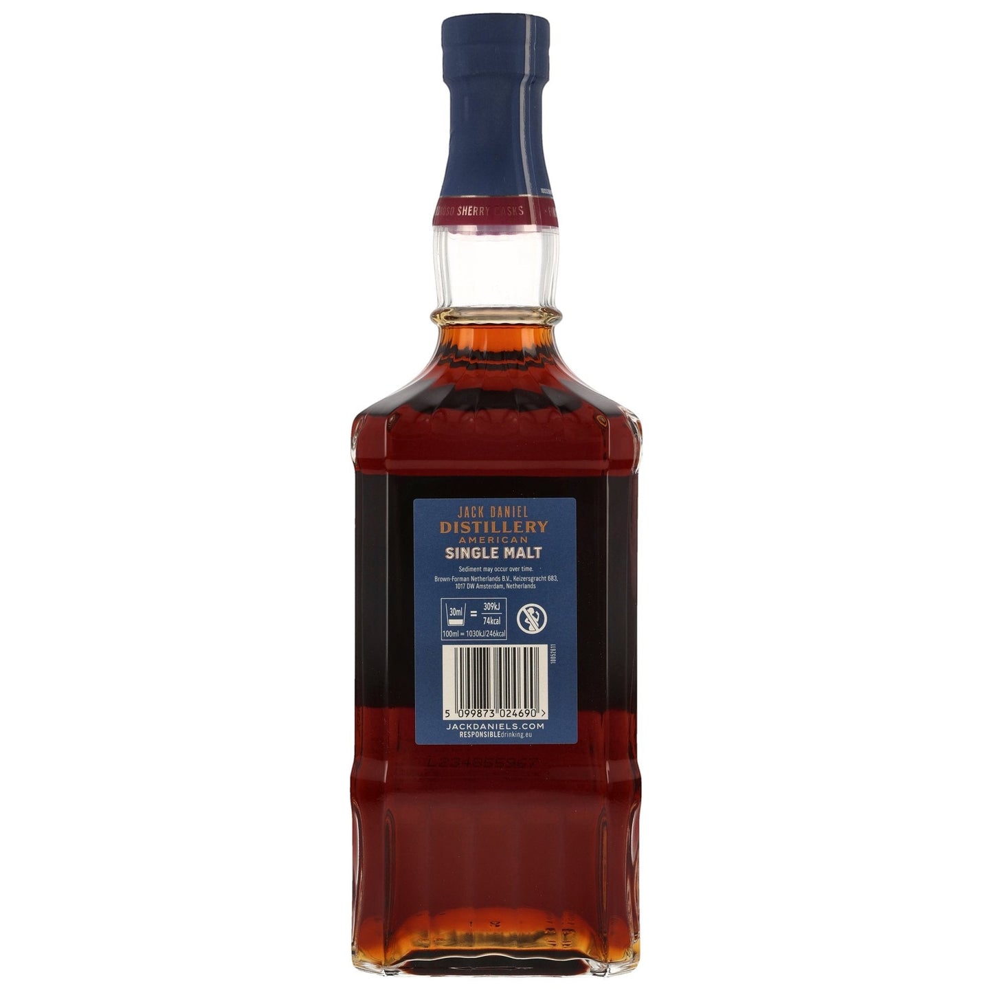 Schwarzbach Spirits Jack Daniel's American Single Malt Oloroso Sherry Cask Whiskey, 45% Vol., 700ml bottle. Amber liquid, blue label with gold text.