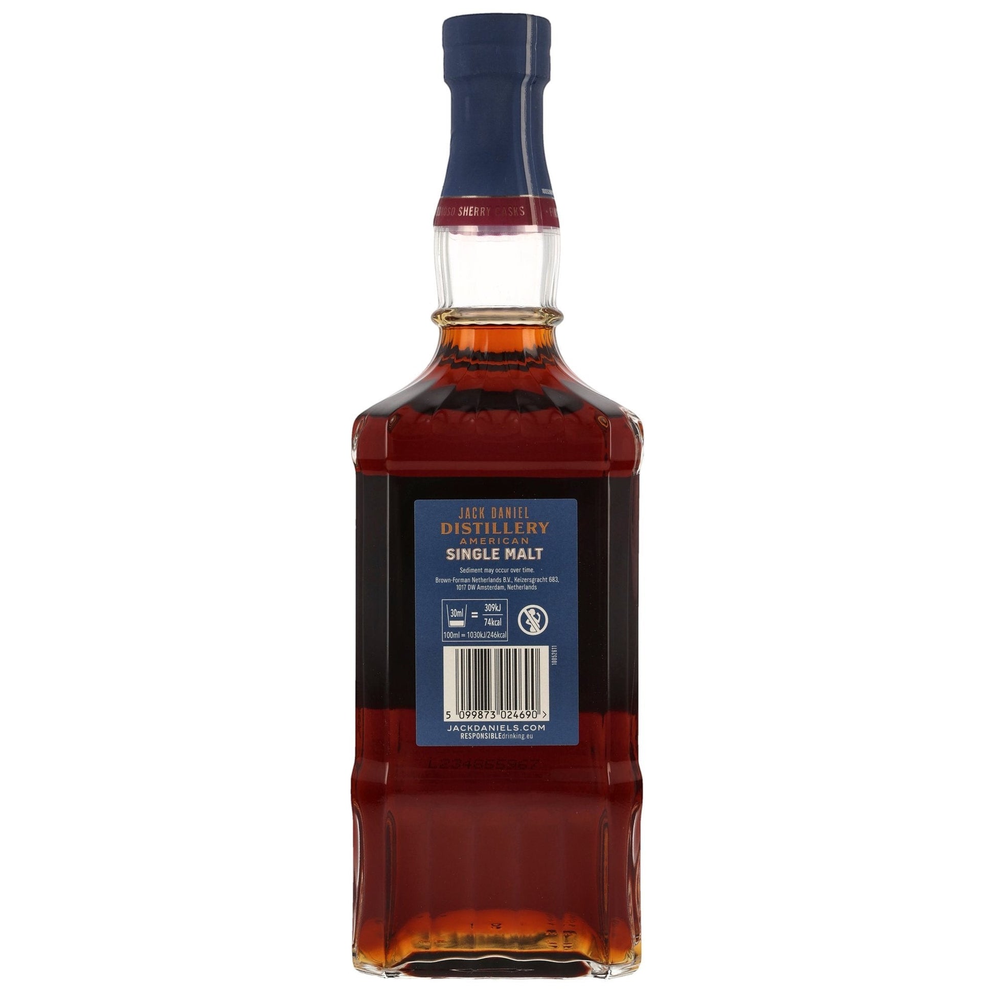 Schwarzbach Spirits Jack Daniel's American Single Malt Oloroso Sherry Cask Whiskey, 45% Vol., 700ml bottle. Amber liquid, blue label with gold text.
