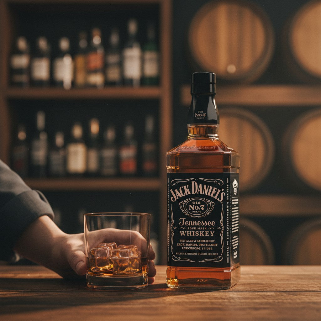 Schwarzbach Spirits Jack Daniel's Old No. 7 Tennessee Whiskey 40% Vol. 70cl Flasche mit schwarzem Etikett und goldener Schrift.