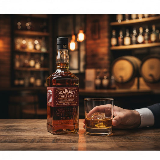 Schwarzbach Spirits Jack Daniel's Triple Mash Blended Straight Whiskey, 50% Vol. 70cl, 100 Proof, amber coloured whiskey in a clear glass bottle with a red label.
