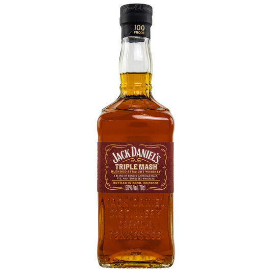 Schwarzbach Spirits Jack Daniel's Triple Mash Blended Straight Whiskey, 50% Vol. 70cl, 100 Proof, amber liquid in a clear glass bottle with a maroon label.