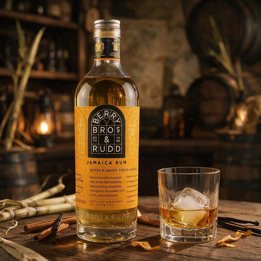 Schwarzbach Spirits Jamaica Rum von Berry Bros. & Rudd in neuer Flasche mit Glas und Eis auf einem Holztisch