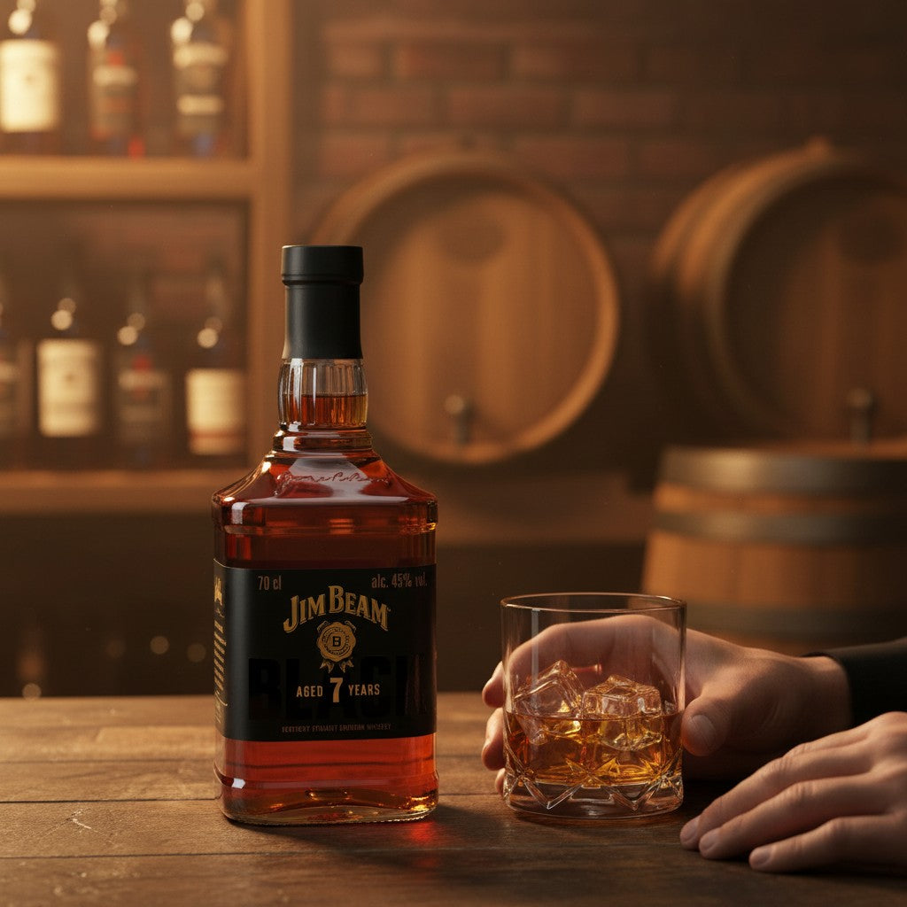 Jim Beam Black 7 Jahre Kentucky Straight Bourbon Whiskey mit 45% Vol. und 70cl in bernsteinfarbener Flüssigkeit.