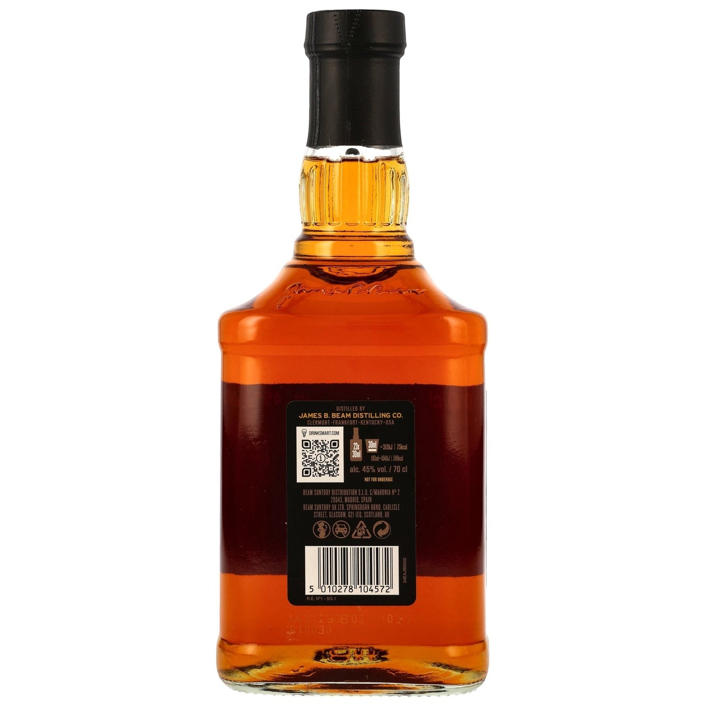 Schwarzbach Spirits: Jim Beam Black 7 Jahre Kentucky Straight Bourbon, 45% Vol. in bernsteinfarbener Glasflasche mit schwarzem Verschluss.