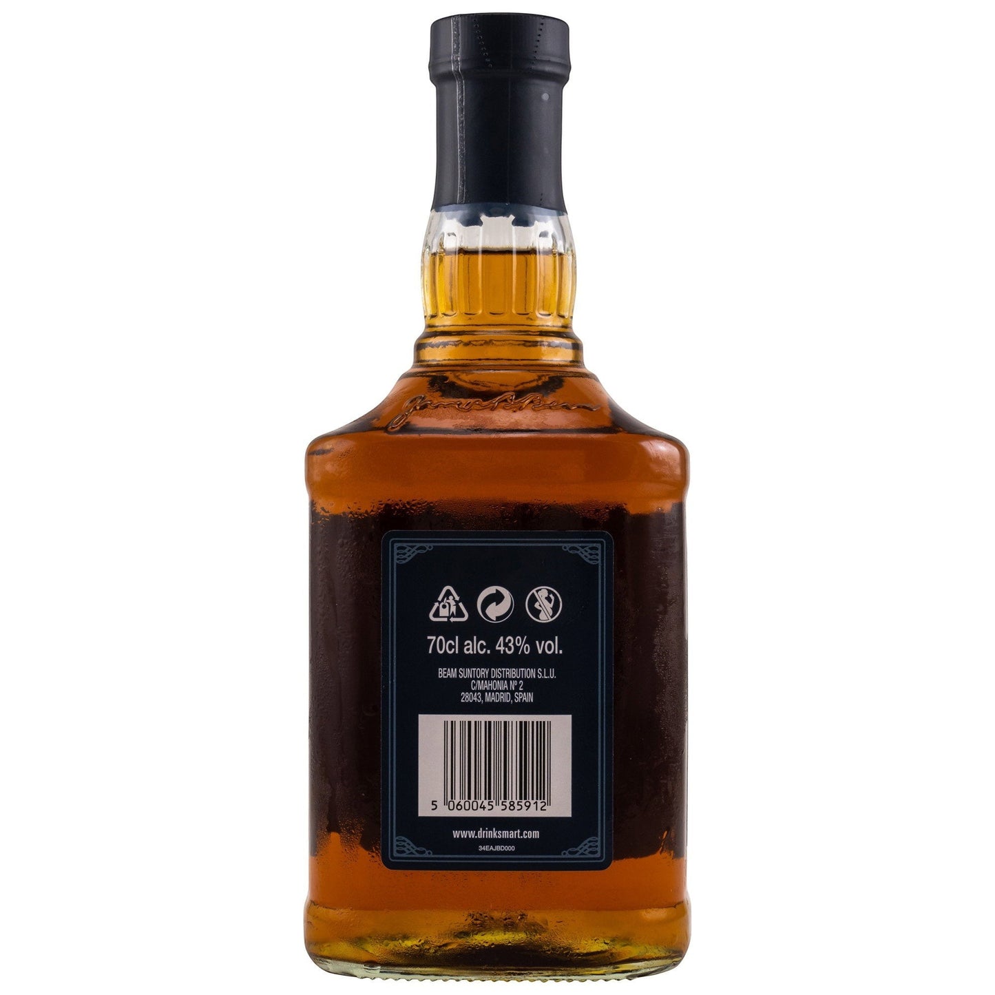 Schwarzbach Spirits Jim Beam Double Oak Bourbon Whiskey, 43% Vol., 70cl. Bernstein-farbener Bourbon in Glasflasche mit schwarzem Verschluss.
