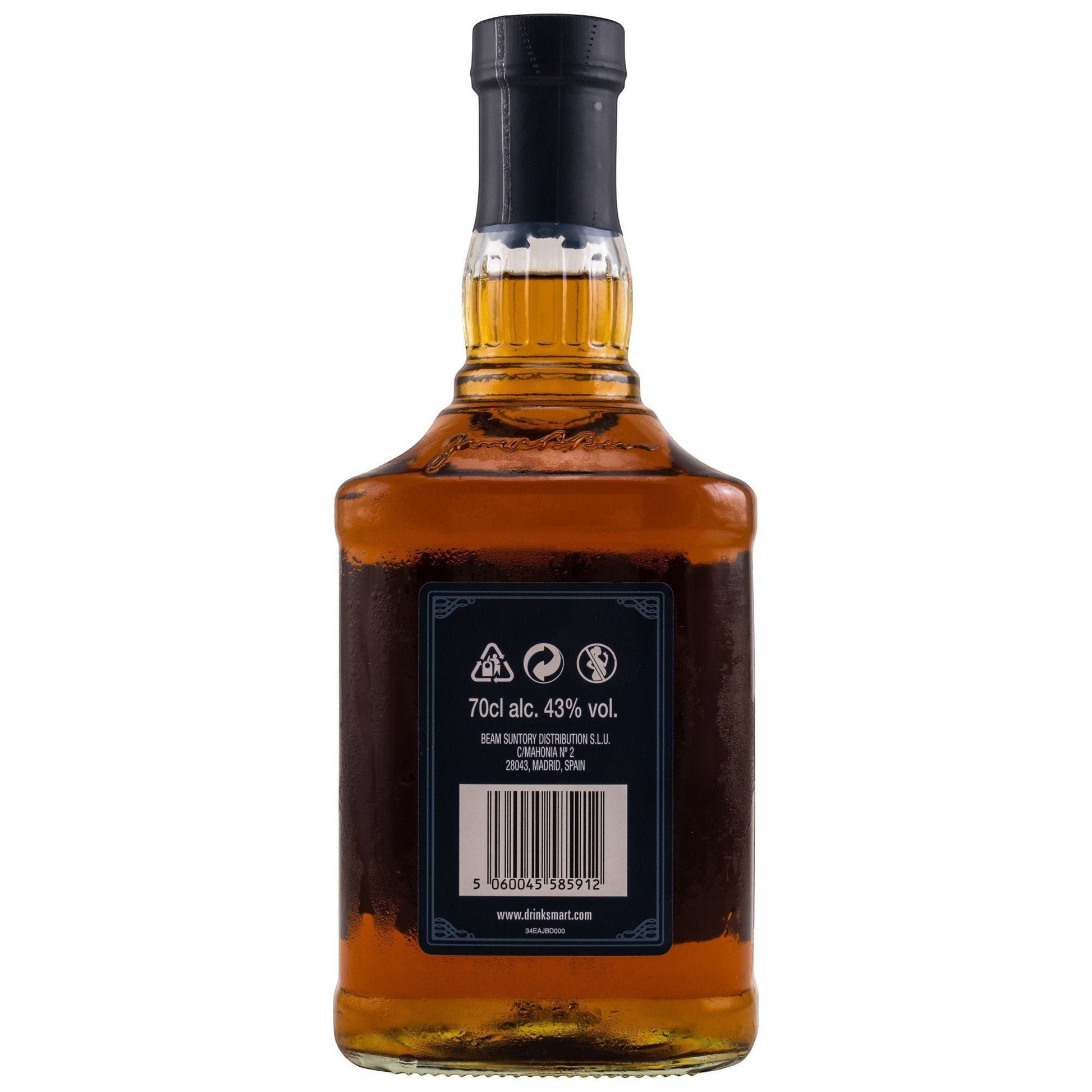 Schwarzbach Spirits Jim Beam Double Oak Bourbon Whiskey, 43% Vol., 70cl. Bernstein-farbener Bourbon in Glasflasche mit schwarzem Verschluss.