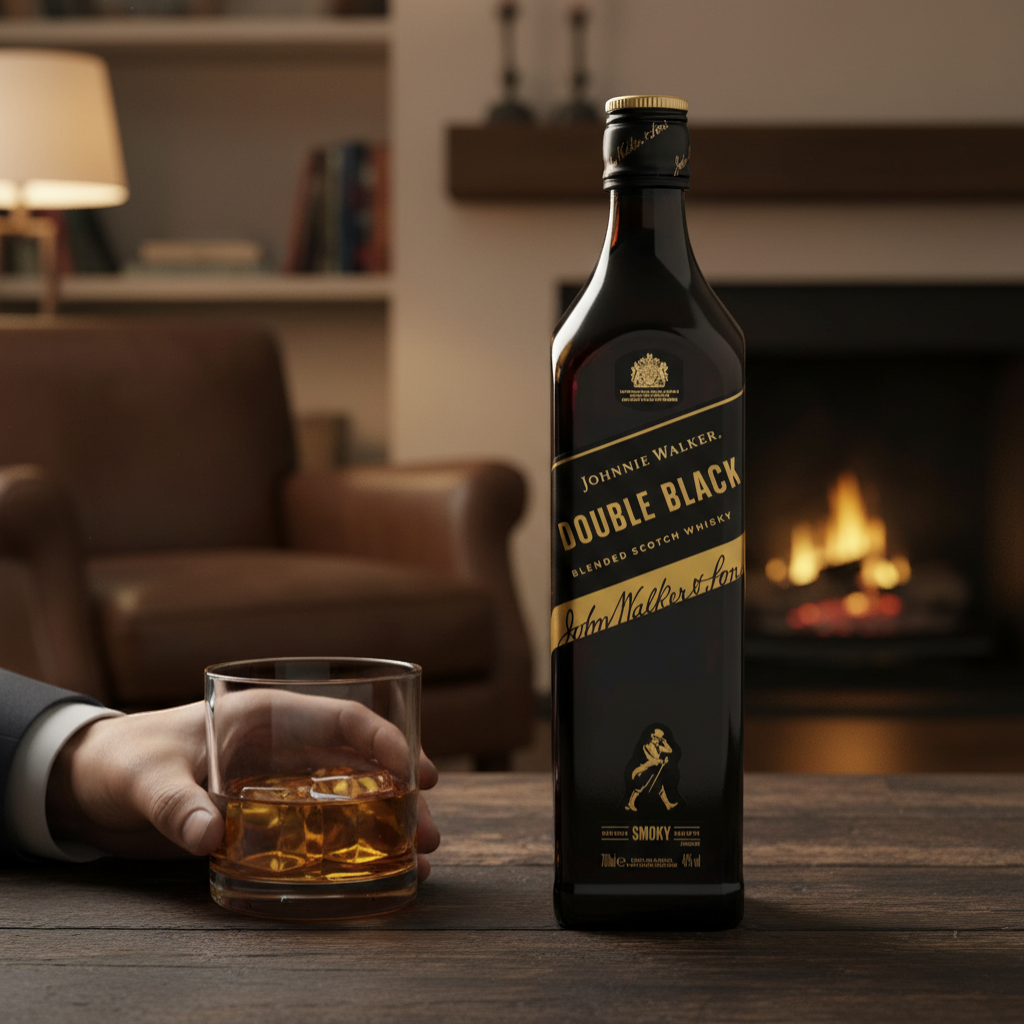 Schwarzbach Spirits Johnnie Walker Double Black Label blended Scotch whisky bottle, intense smoky flavour, 40% vol, 700ml.