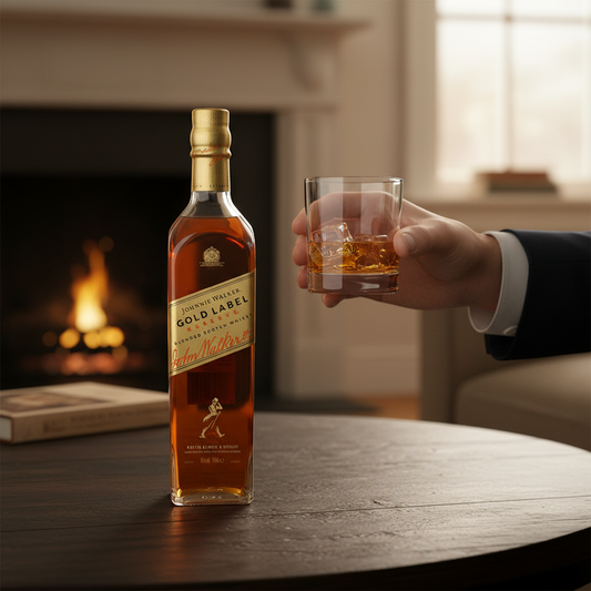 Schwarzbach Spirits Johnnie Walker Gold Label Reserve blended Scotch whisky bottle and gift box. Amber liquid, gold packaging.