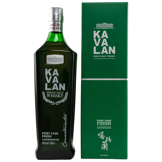 Schwarzbach Spirits Kavalan Concertmaster Port Cask Finish single malt whisky bottle next to its green gift box.