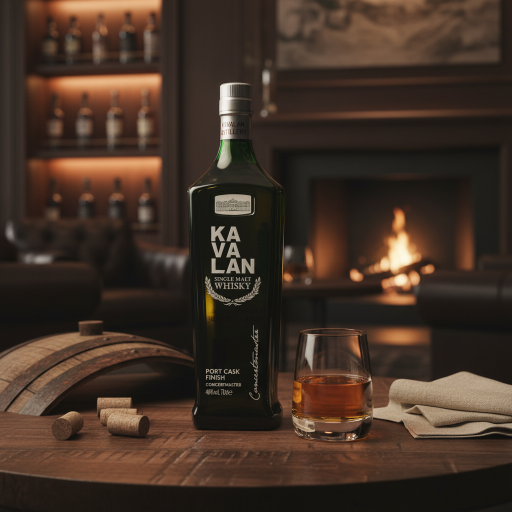 Schwarzbach Spirits Kavalan Concertmaster Port Cask Finish whisky bottle and glass on a wooden table by a fireplace.