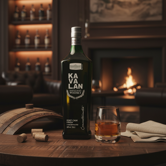 Schwarzbach Spirits Kavalan Concertmaster Port Cask Finish whisky bottle and glass on a wooden table by a fireplace.