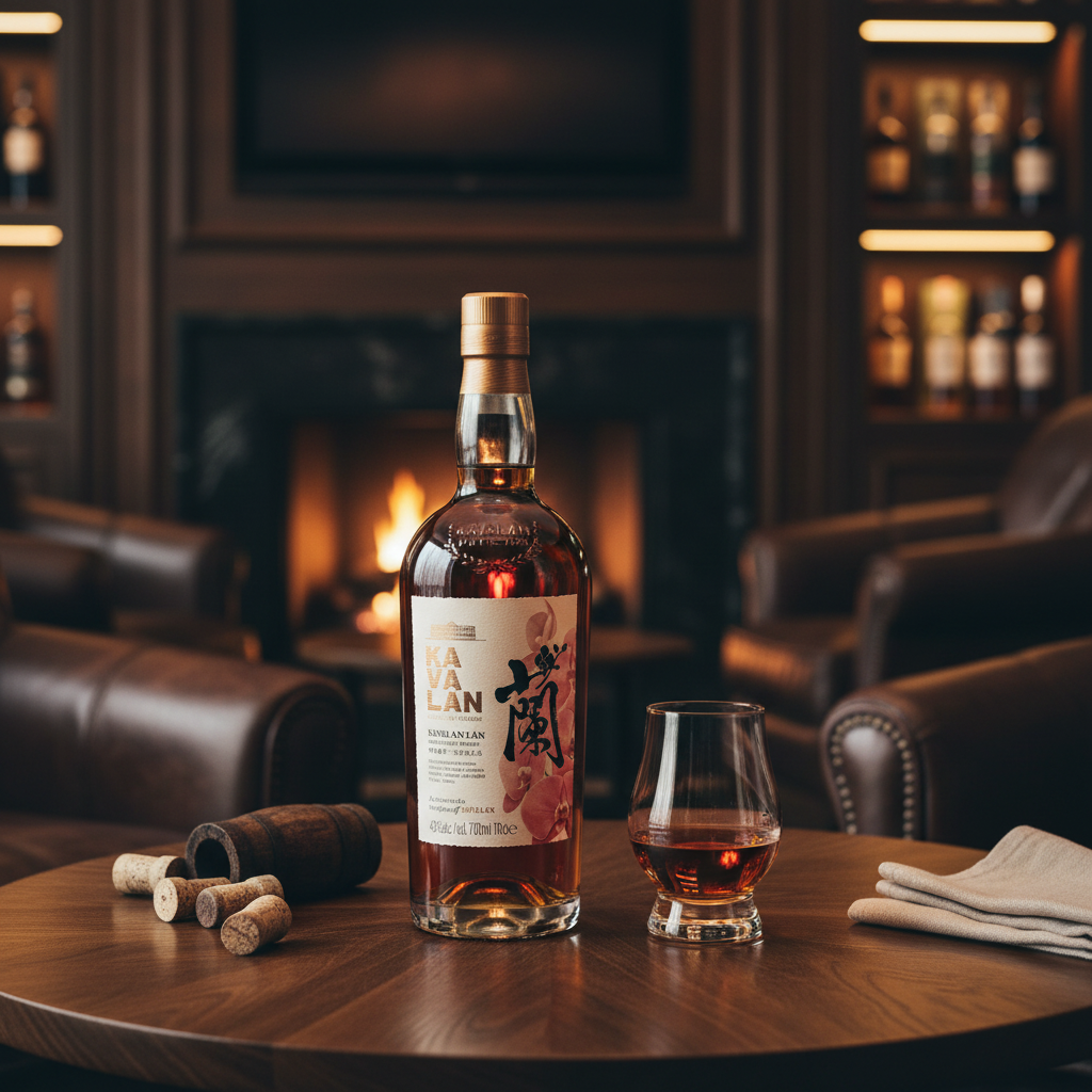 Schwarzbach Spirits Kavalan LÁN Taiwan single malt whisky bottle and glass on a wooden table in a cozy lounge.