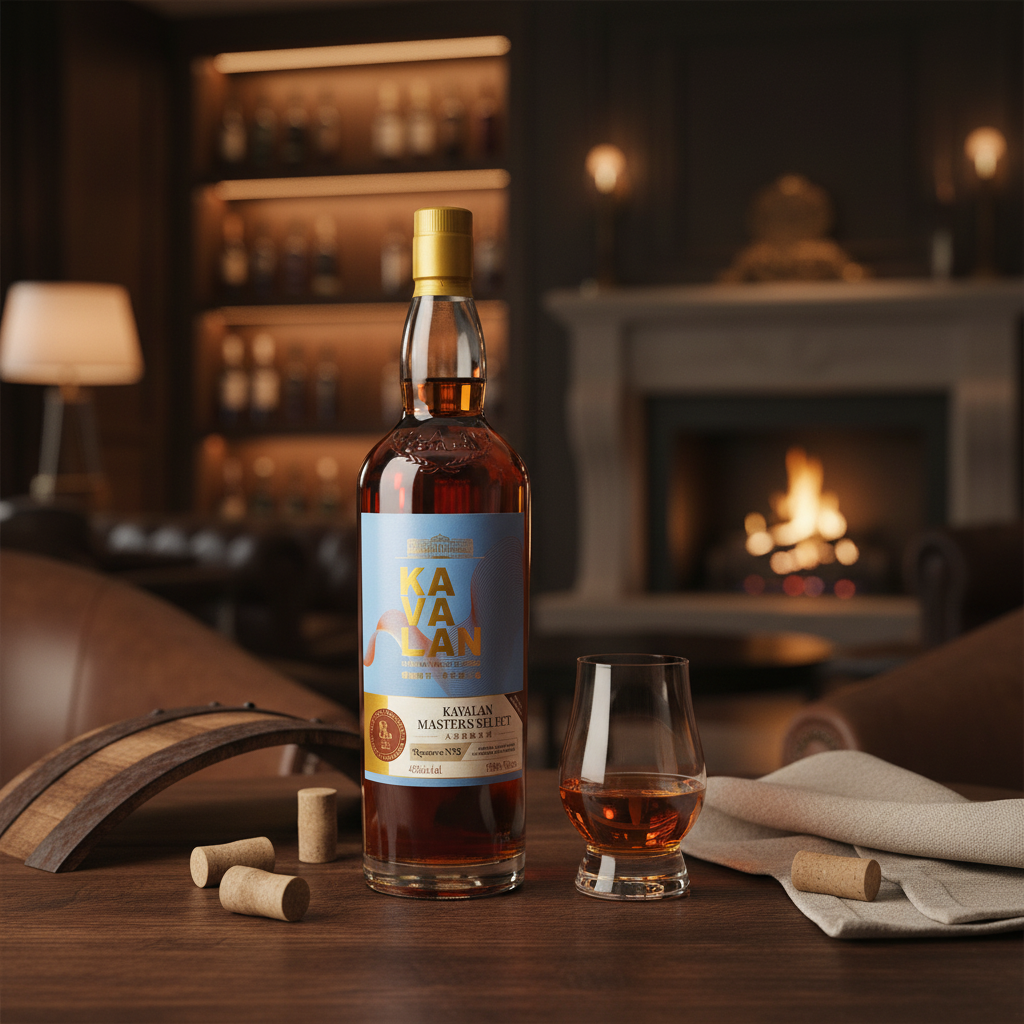 Schwarzbach Spirits Kavalan Master’s Select Reserve II whisky bottle with a glass on a wooden table by a fireplace.