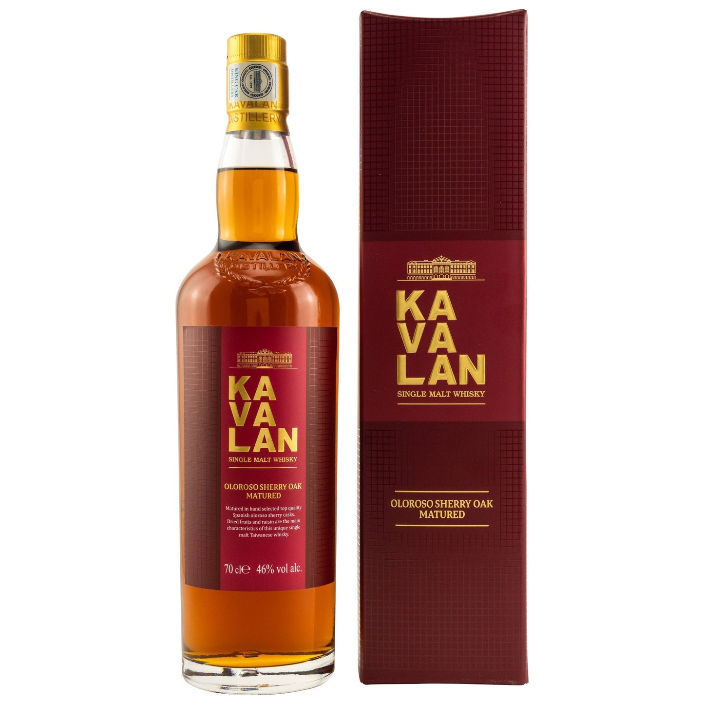 Schwarzbach Spirits Kavalan Oloroso Sherry Oak single malt whisky bottle with matching gift box on white background