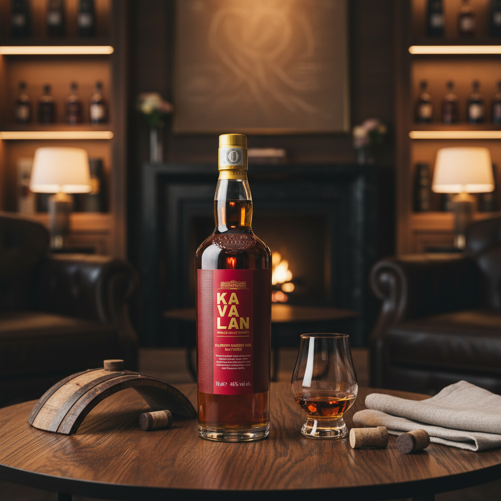 Schwarzbach Spirits Kavalan Oloroso Sherry Oak single malt whisky bottle with glass on a wooden table in a lounge