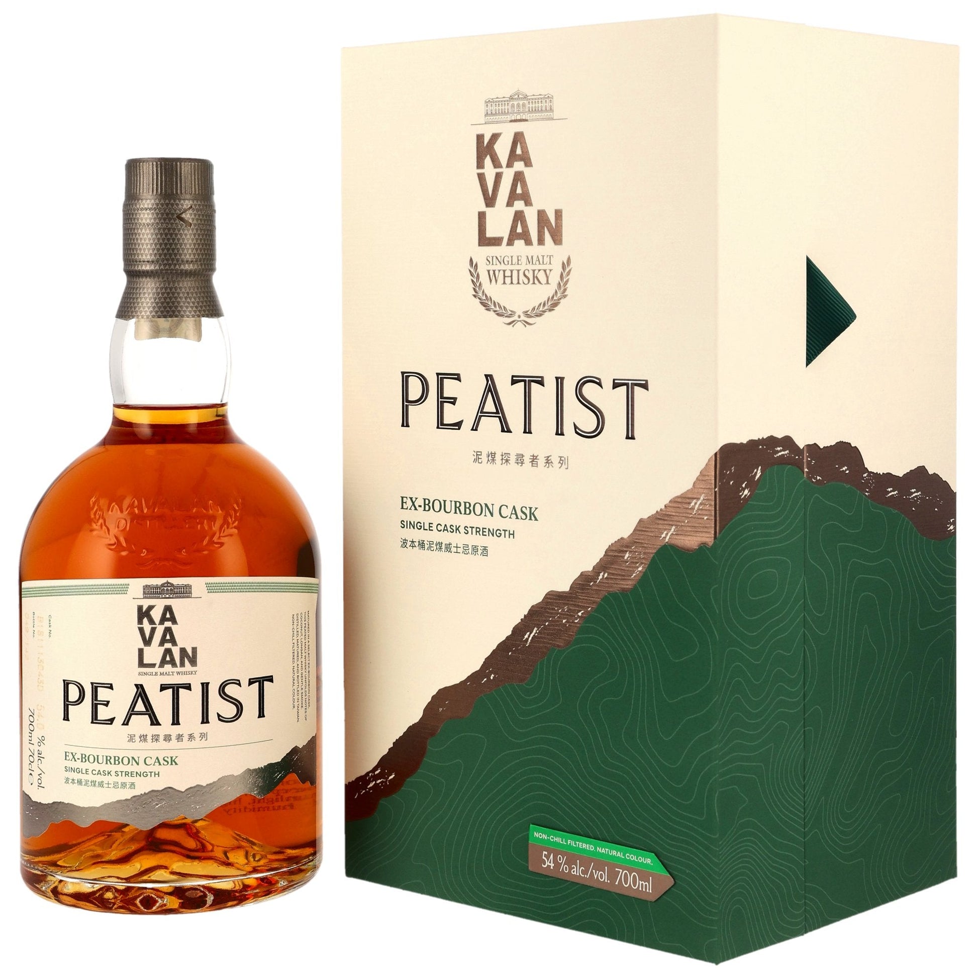 Kavalan Peatist Ex Bourbon Cask 54 Prozent Flasche und Geschenkverpackung