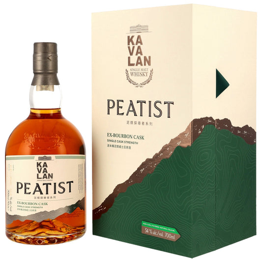Kavalan Peatist Ex Bourbon Cask 54 Prozent Flasche und Geschenkverpackung