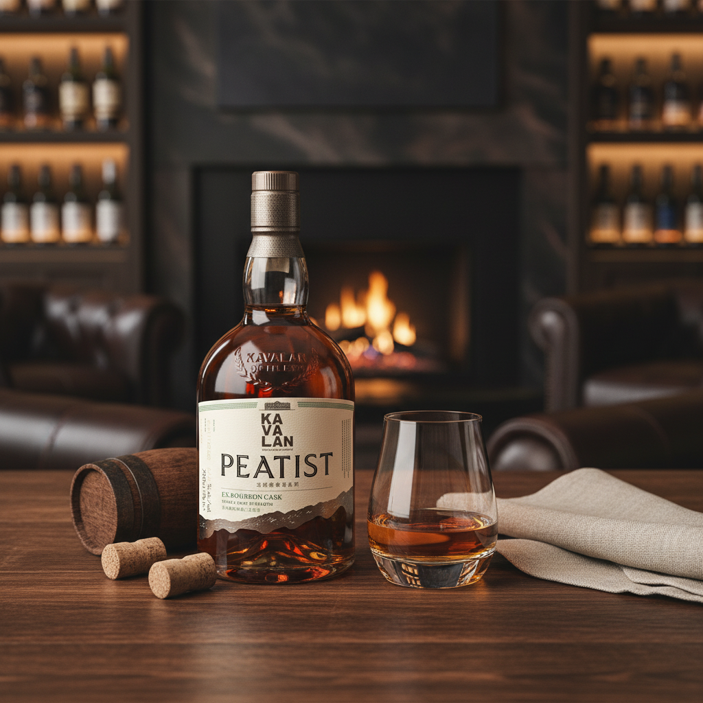Schwarzbach Spirits Kavalan Peatist Ex Bourbon Cask whisky bottle with a glass of amber spirit on a wooden table.