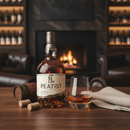 Schwarzbach Spirits Kavalan Peatist Ex Bourbon Cask whisky bottle with a glass of amber spirit on a wooden table.