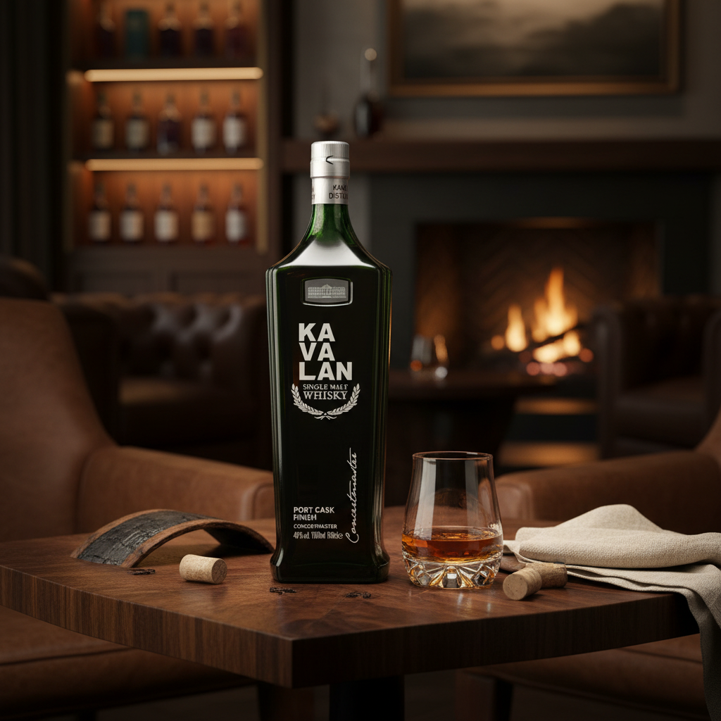 Schwarzbach Spirits Kavalan Concertmaster Port Cask Finish whisky bottle with a glass on a wooden table by a fireplace.
