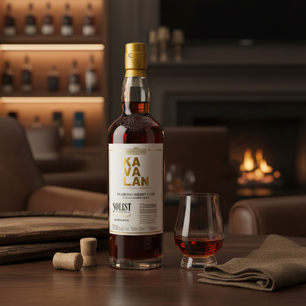 Schwarzbach Spirits Kavalan Solist Oloroso Sherry Cask whisky bottle with a glass on a wooden table in a lounge.