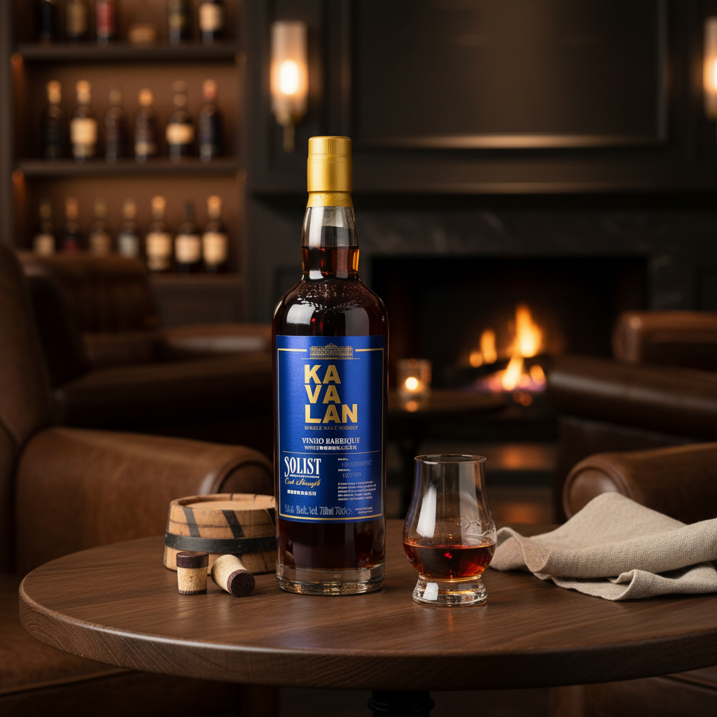 Schwarzbach Spirits Kavalan Solist Vinho Barrique whisky bottle and glass on a wooden table in a cozy lounge.