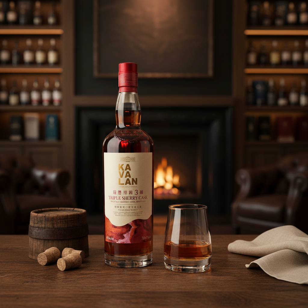 Schwarzbach Spirits Kavalan Triple Sherry Cask whisky bottle with a glass on a wooden table near a fireplace.