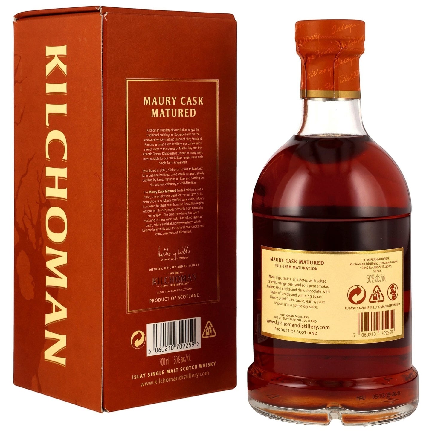 Schwarzbach Spirits Kilchoman Maury Cask Matured Islay Single Malt Scotch Whisky, 50% Vol. in a brown glass bottle with a red label.