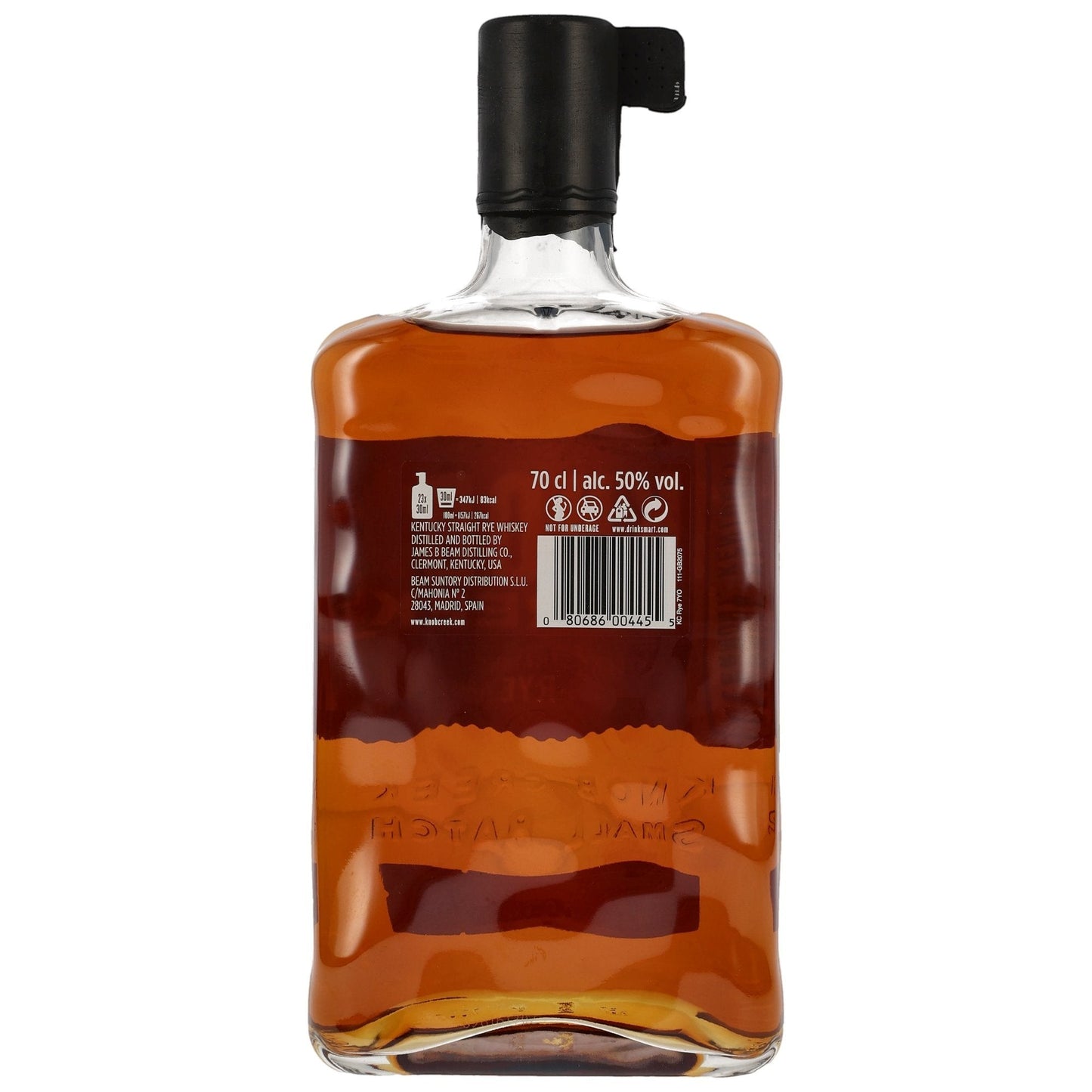 Schwarzbach Spirits: Flasche Knob Creek 7 Jahre Rye Whiskey, 50% Vol., 700 ml, bernsteinfarben, mit schwarzem Verschluss.