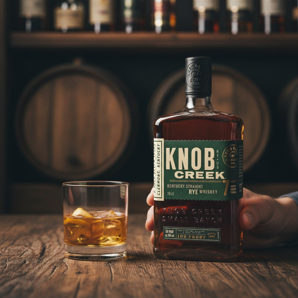 Schwarzbach Spirits: Knob Creek 7 Jahre Rye Kentucky Straight Rye Whiskey, 50% Vol., 70cl Flasche mit bernsteinfarbener Flüssigkeit.