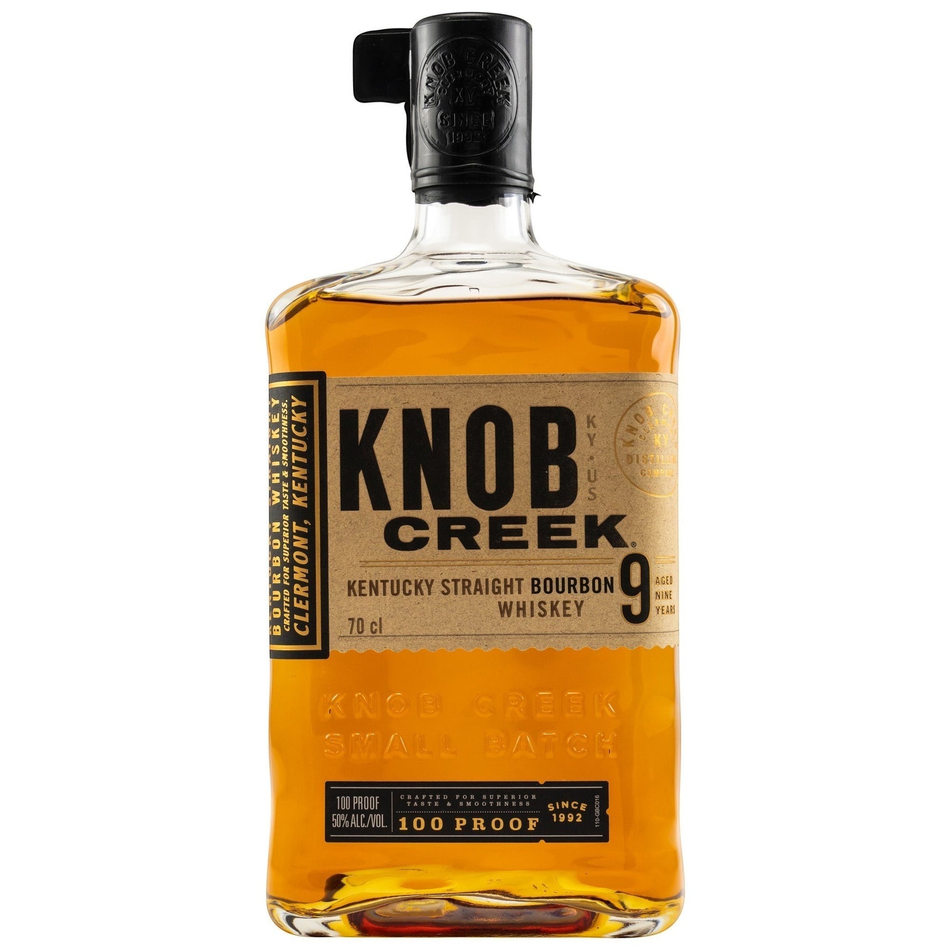 Schwarzbach Spirits: Knob Creek 9 Jahre Small Batch Kentucky Straight Bourbon Whiskey, 50% Vol., 70cl Flasche mit kupferfarbener Flüssigkeit.