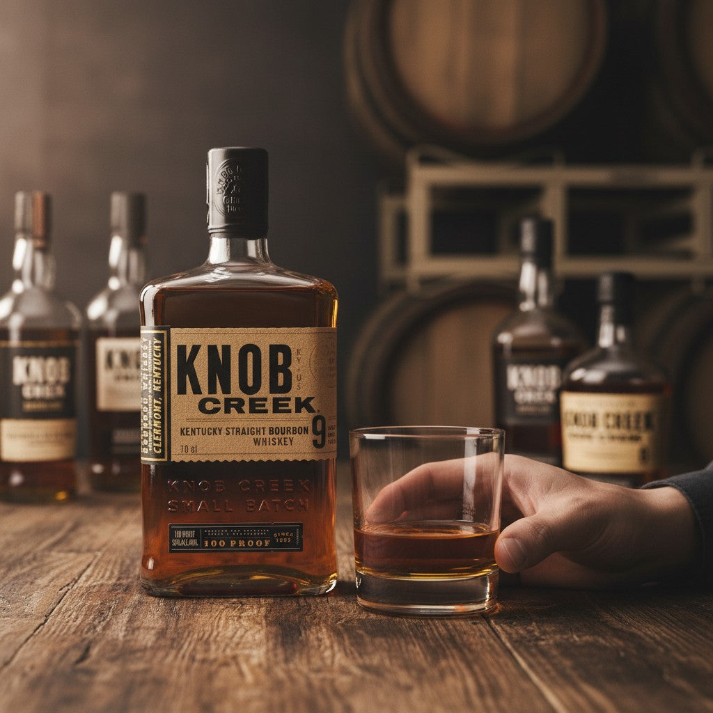 Schwarzbach Spirits: Knob Creek 9 Jahre Small Batch Bourbon Whiskey, 50% Vol., 700ml Flasche mit kupferfarbener Flüssigkeit.