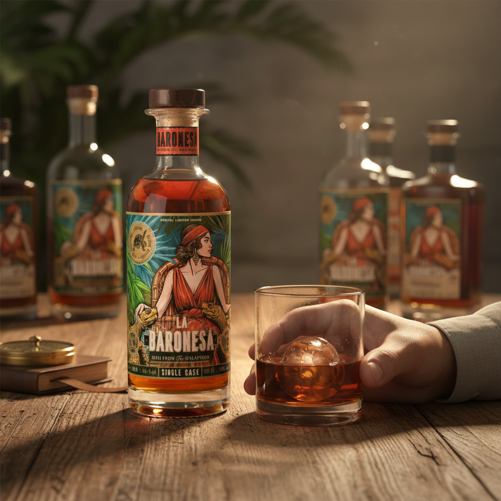 Schwarzbach Spirits La Baronesa 10 Year Old Galapagos Rum, single cask, 48.8% Vol., 700ml bottle with a label depicting a woman and Galapagos tortoises.