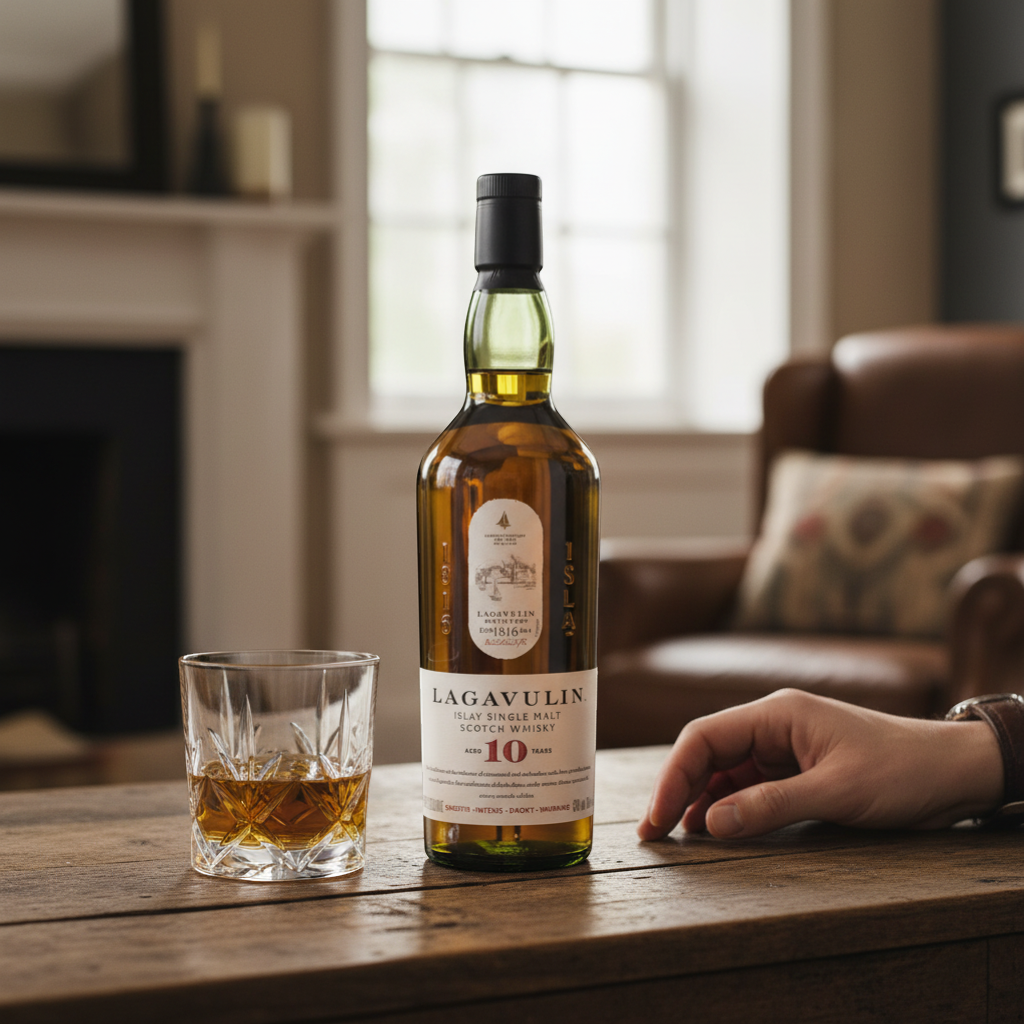Schwarzbach Spirits Lagavulin 10 Year Islay Single Malt Scotch Whisky, aged 10 years, 43% Vol. in a clear bottle with a black cap.