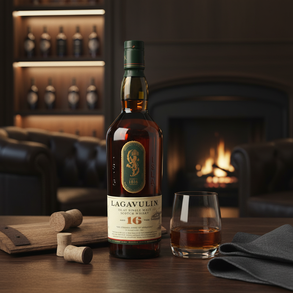 Schwarzbach Spirits Lagavulin 16 Jahre Islay Single Malt Whisky Flasche mit Glas vor einem Kamin
