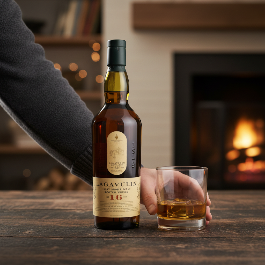 Schwarzbach Spirits Lagavulin 16 Year Old Islay Single Malt Scotch Whisky in a brown bottle with a black gift box.