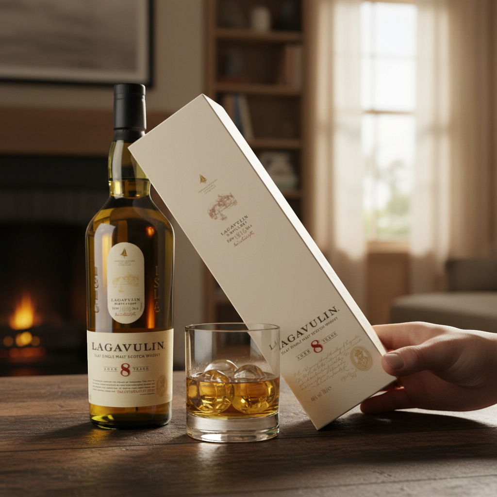 Schwarzbach Spirits Lagavulin 8 Year Old Islay Single Malt Scotch Whisky, 48% Vol. in a green glass bottle with a cream label.