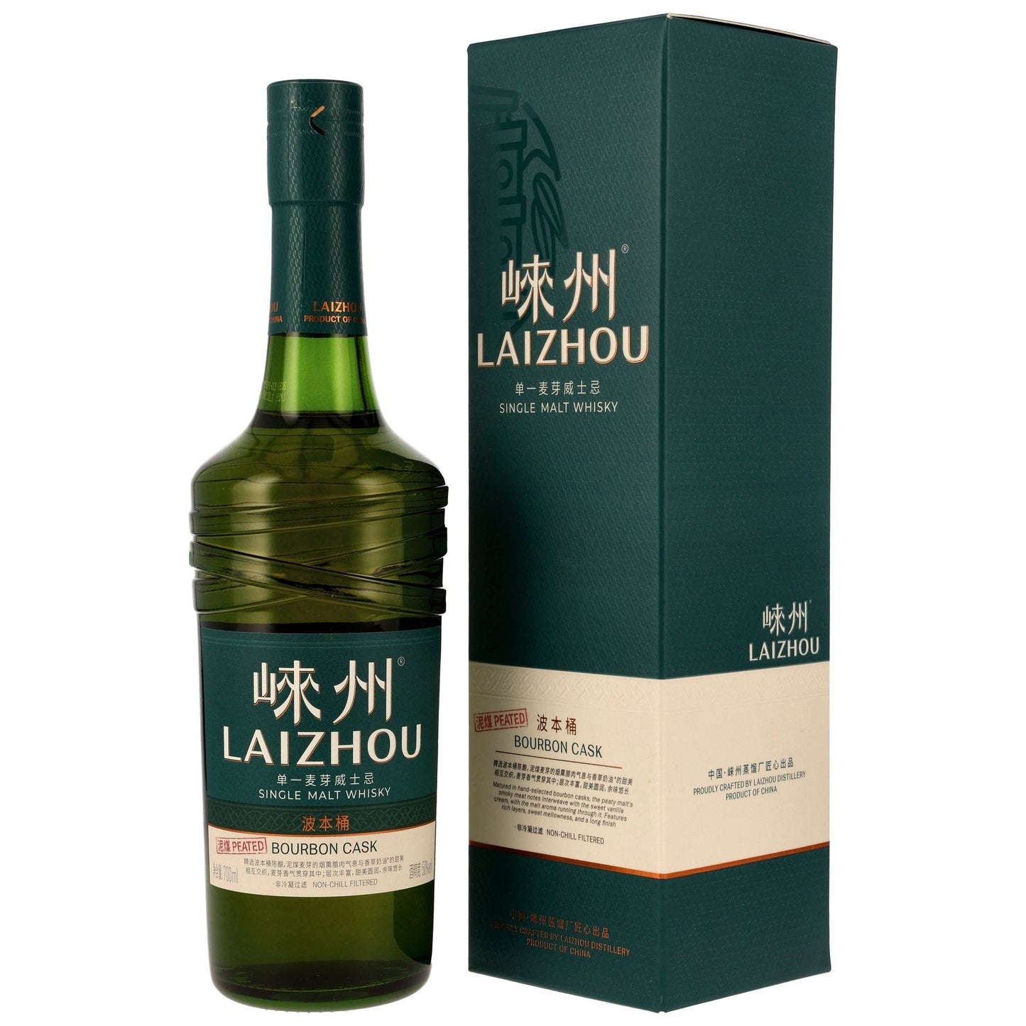 Laizhou Bourbon Cask Peated Chinese Single Malt Whisky Flasche und Geschenkverpackung