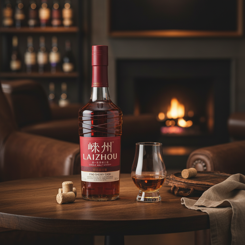 Schwarzbach Spirits Laizhou Fino Sherry Cask Chinese single malt whisky bottle and glass on a wooden table.