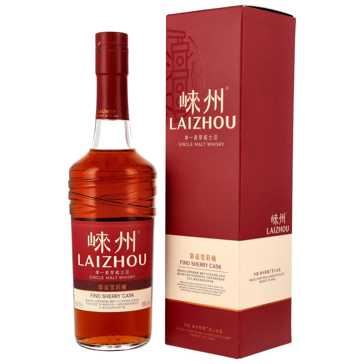 Schwarzbach Spirits Laizhou Fino Sherry Cask Chinese single malt whisky bottle and red gift box on white background