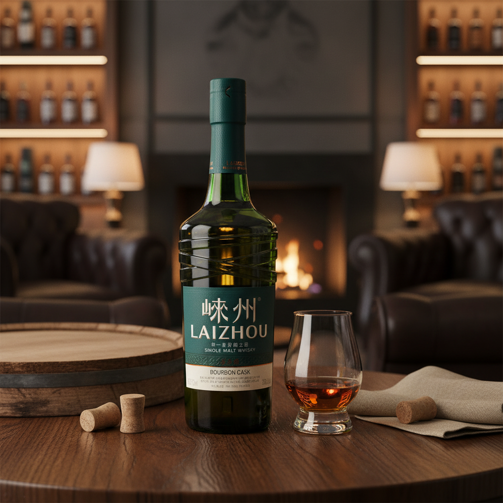 Schwarzbach Spirits Laizhou Bourbon Cask Peated Chinese Single Malt Whisky bottle with a glass on a wooden table.