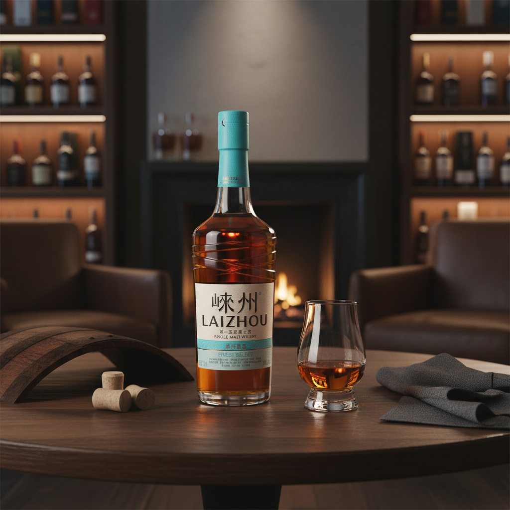 Schwarzbach Spirits Laizhou Finest Select Chinese Single Malt Whisky bottle with glass on a wooden table by fireplace