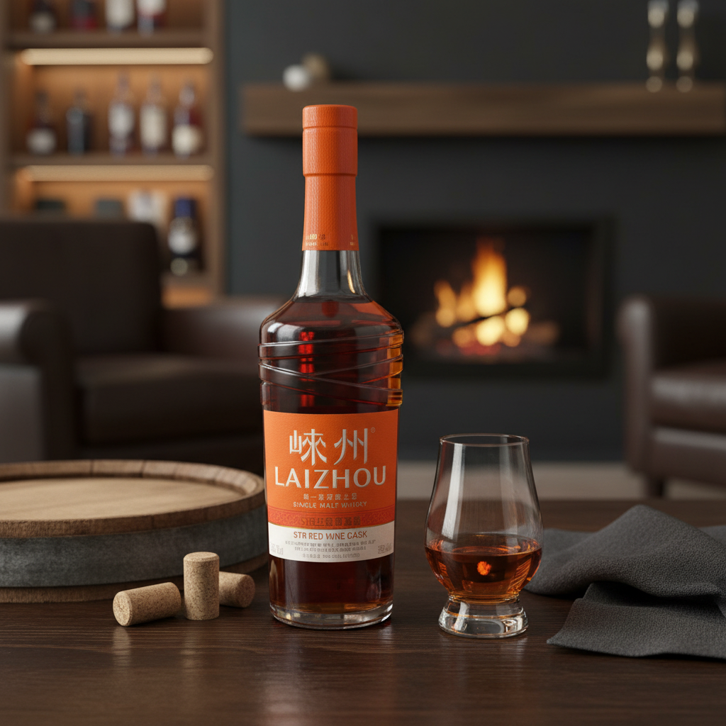 Schwarzbach Spirits Laizhou STR Red Wine Cask Chinese single malt whisky bottle with a glass on a wooden table.