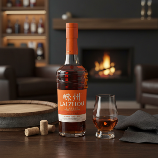 Schwarzbach Spirits Laizhou STR Red Wine Cask Chinese single malt whisky bottle with a glass on a wooden table.