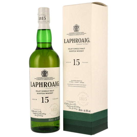 Schwarzbach Spirits Laphroaig 15 Year Old Islay Single Malt Scotch Whisky bottle and gift box