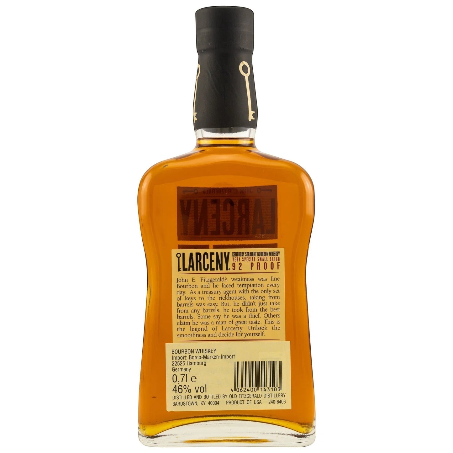 Schwarzbach Spirits Larceny Kentucky Straight Bourbon 46% Vol. 0.7L bottle with a black cap featuring a gold key emblem.