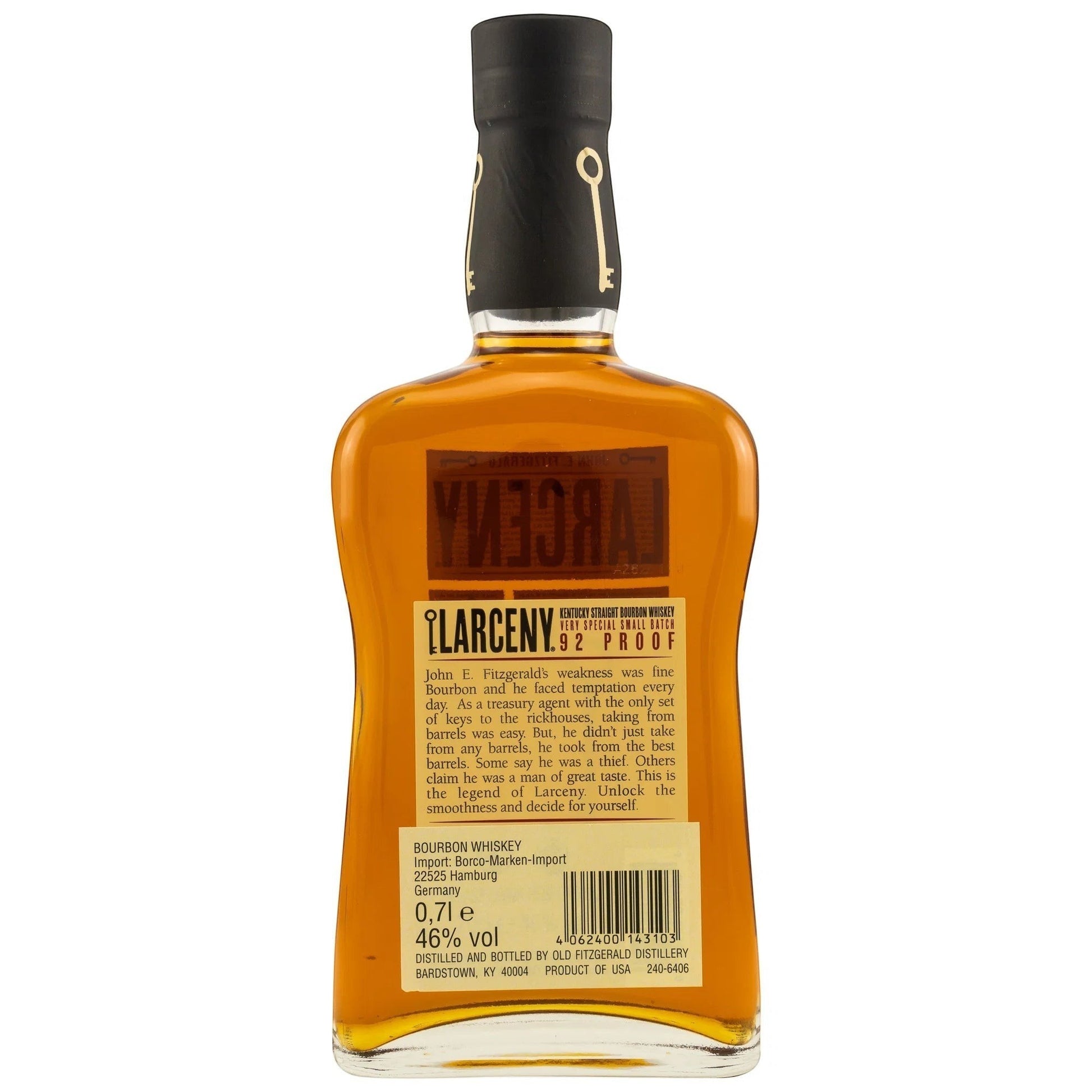 Schwarzbach Spirits Larceny Kentucky Straight Bourbon 46% Vol. 0.7L bottle with a black cap featuring a gold key emblem.