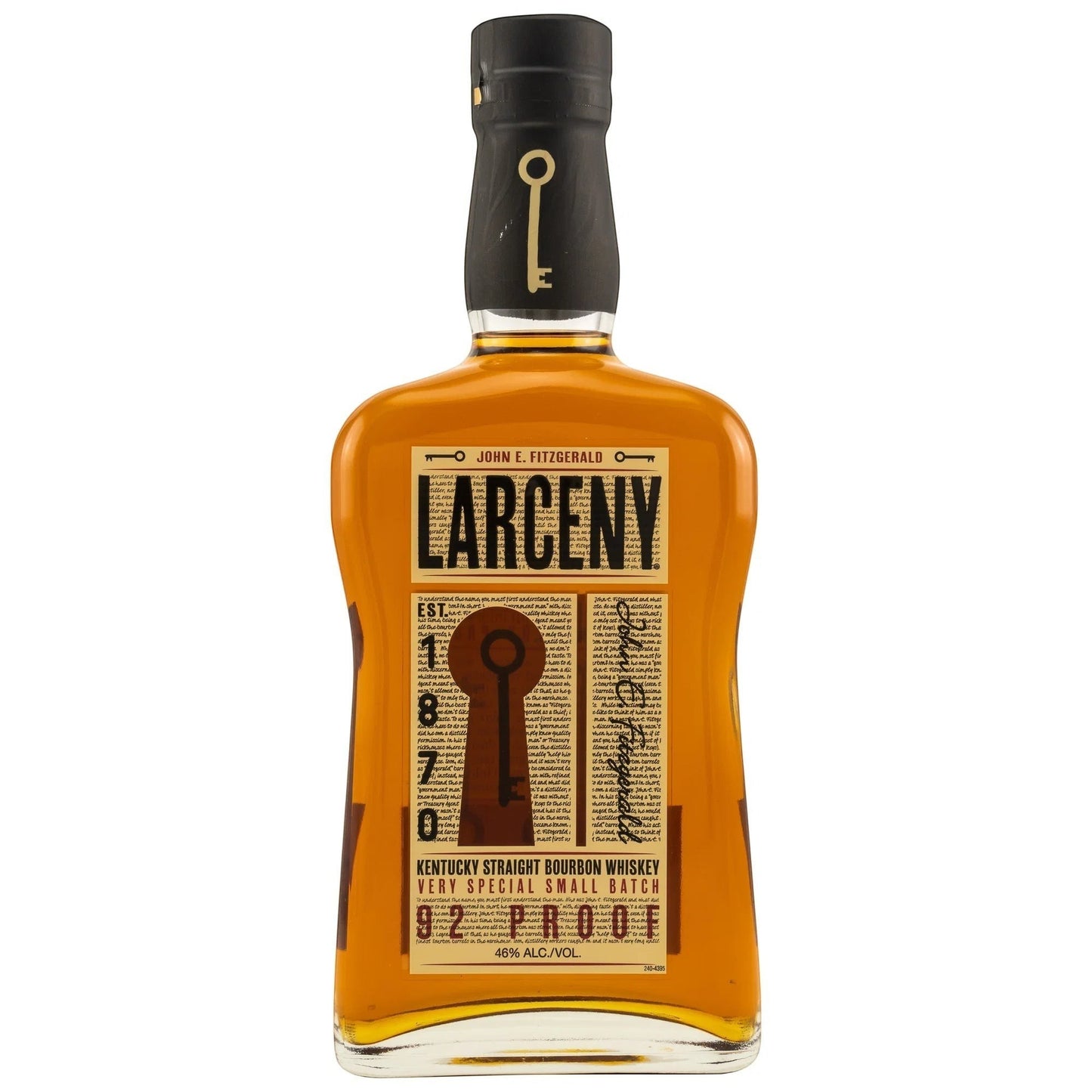 Schwarzbach Spirits Larceny Kentucky Straight Bourbon whiskey bottle, 46% ABV, with key motif and text details.