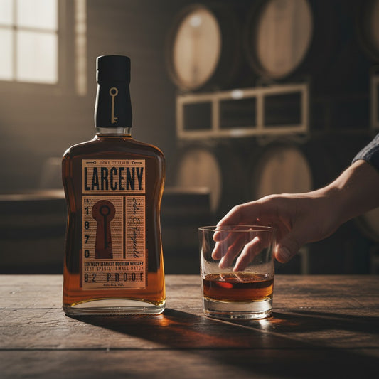 Schwarzbach Spirits Larceny Kentucky Straight Bourbon whiskey bottle, 46% vol. with a key emblem on the label.