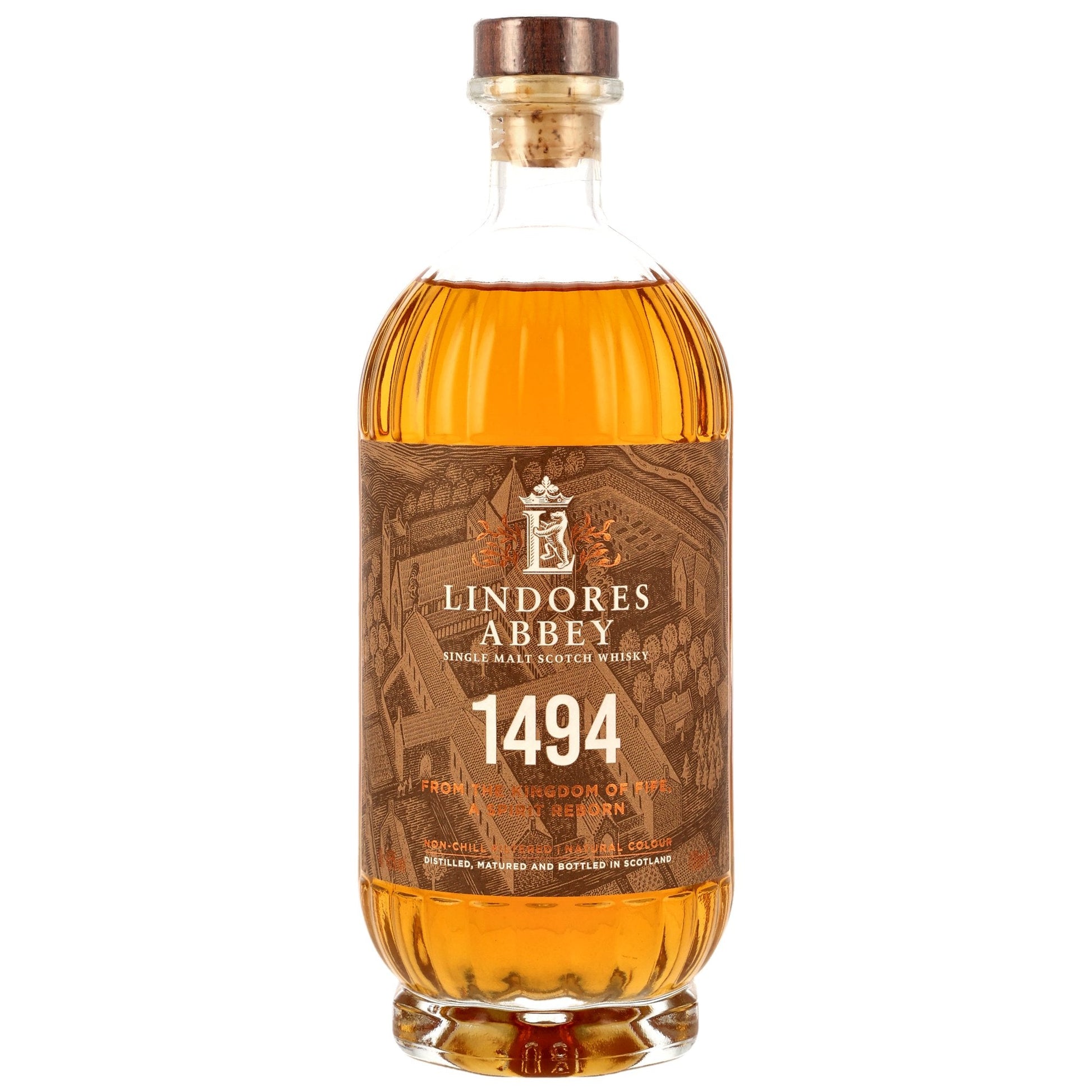 Schwarzbach Spirits bottle of Lindores Abbey 1494 Single Malt Scotch Whisky with a cork stopper and golden amber liquid.